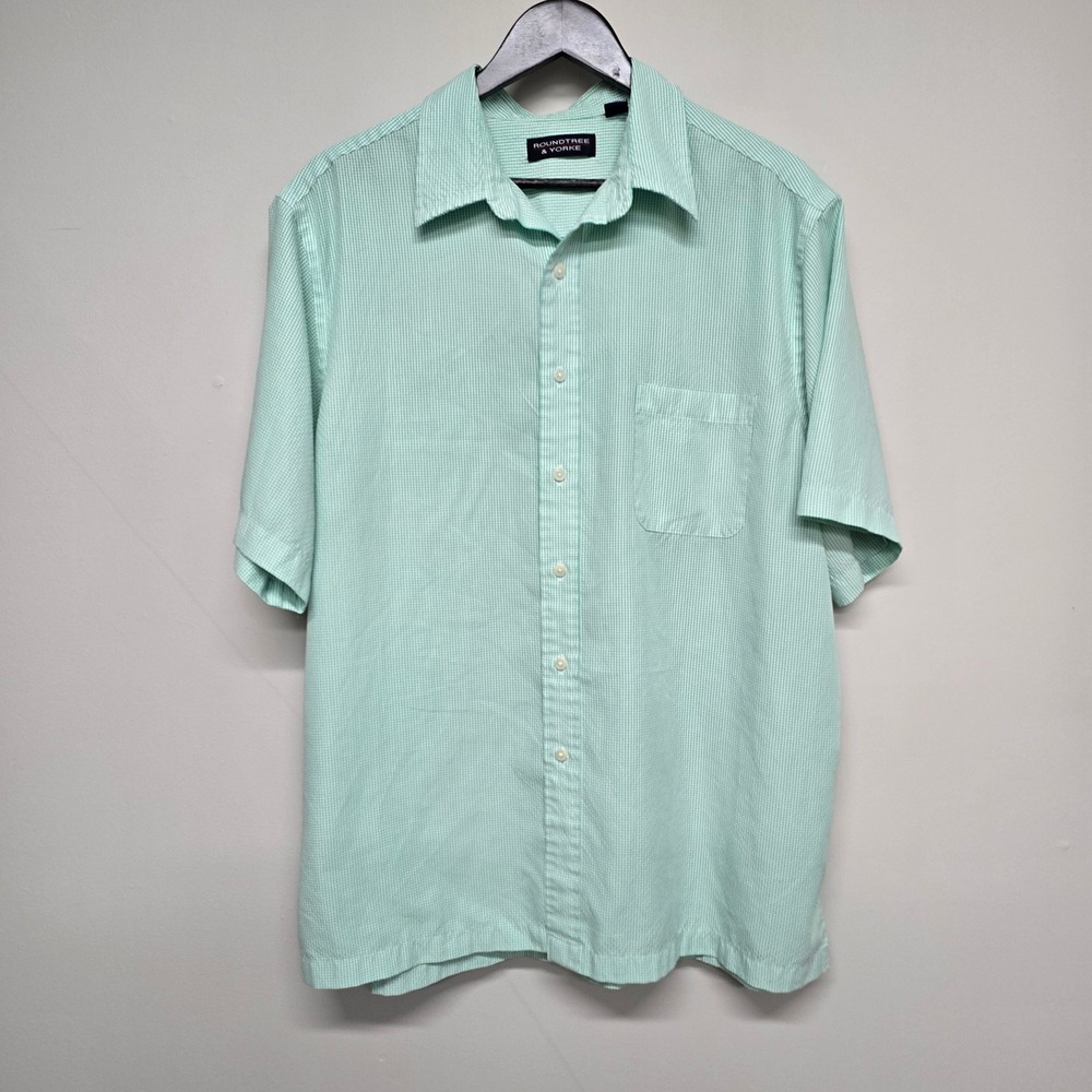Roundtree & Yorke Shirt Mens XL Green Gingham Modal Blend Pocket Casual Preppy